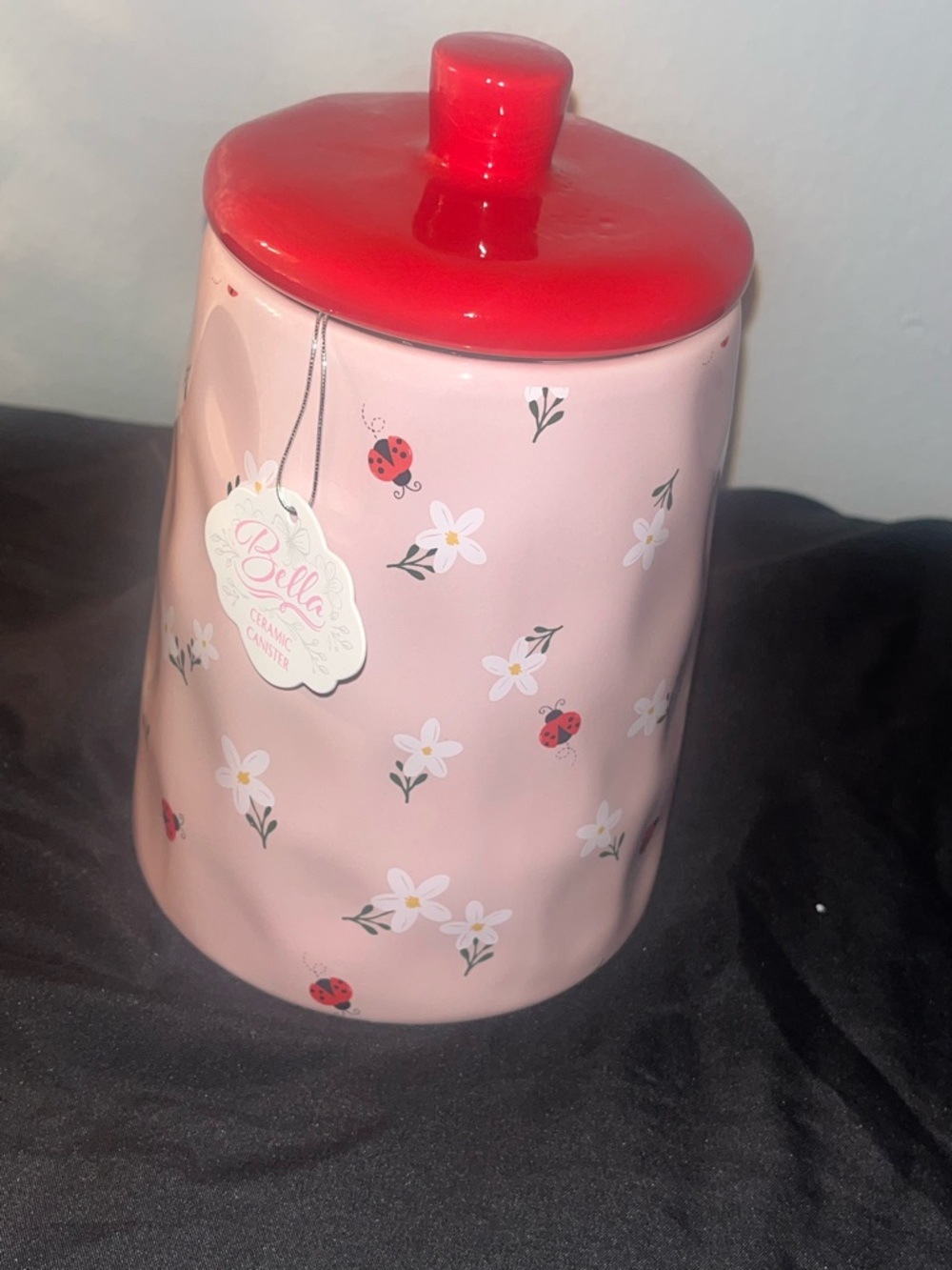 Abella Pink Ceramic Canister with Red Lid and Ladybug Floral Motif